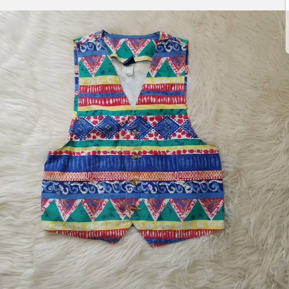 VTG Stuffed Shirt Jeanswear Denim Women Vest Size M Tribal Aztec Colorful
